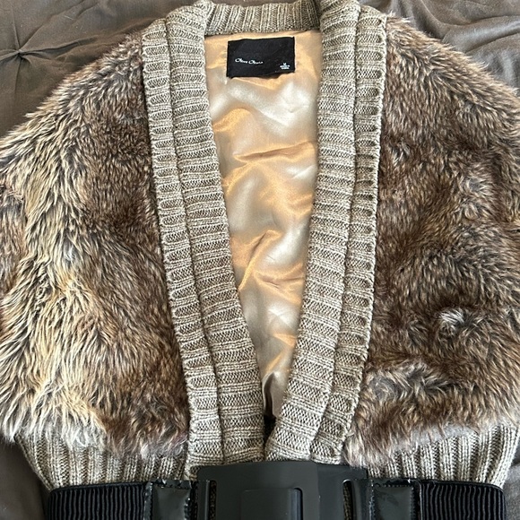 Faux fur belted sweater vest, gray/brown/taupe M - Picture 4 of 5